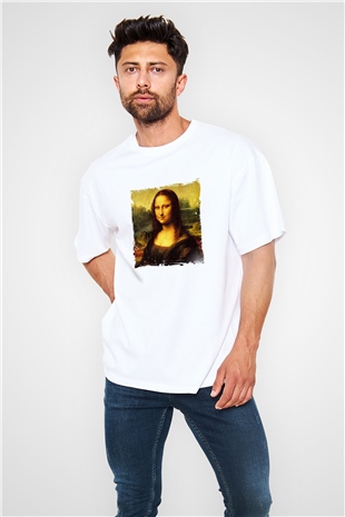 Mona Lisa Oversize Baskılı Beyaz Tişört