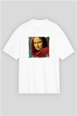 Mona Lisa Oversize Baskılı Beyaz Tişört