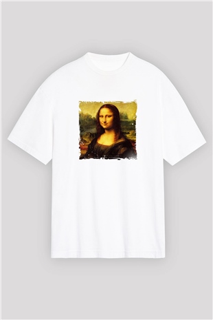 Mona Lisa Oversize Baskılı Beyaz Tişört