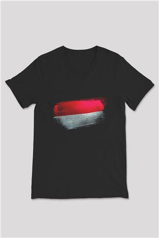 Monako - Monaco Bayrağı Baskılı Unisex Siyah V Yaka Tişört