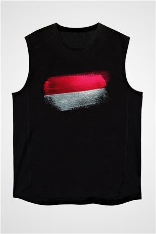 Monako - Monaco Bayrağı Baskılı Unisex Siyah Kolsuz Tişört