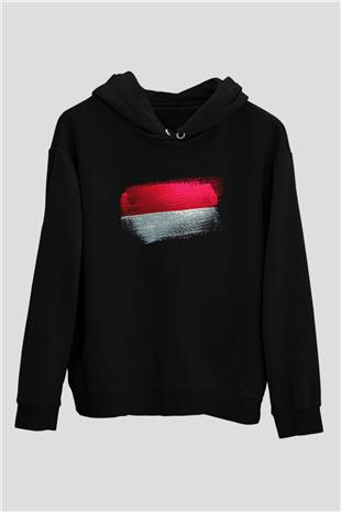 Monako - Monaco Bayrağı Baskılı Unisex Siyah Kapüşonlu Sweatshirt