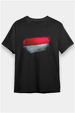 Monako - Monaco Bayrağı Baskılı Unisex Siyah Tişört