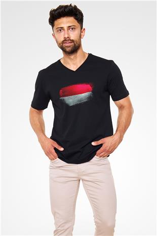 Monako - Monaco Bayrağı Baskılı Unisex Siyah V Yaka Tişört