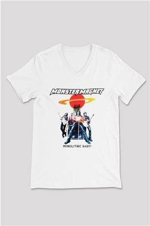 Monster Magnet Beyaz Unisex V Yaka Tişört T-Shirt
