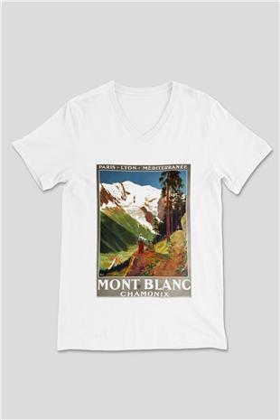 Mont Blanc Beyaz Unisex V Yaka Tişört T-Shirt