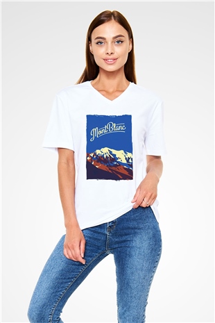 Mont Blanc Beyaz Unisex V Yaka Tişört