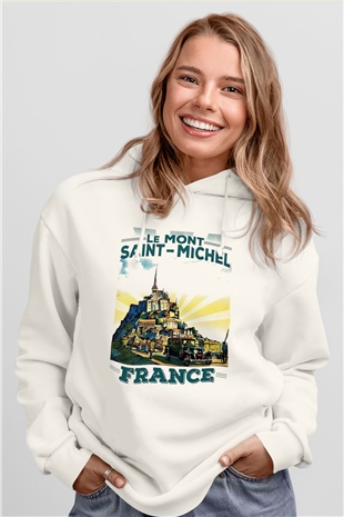 Mont Saint-Michel Beyaz Unisex Kapşonlu Sweatshirt