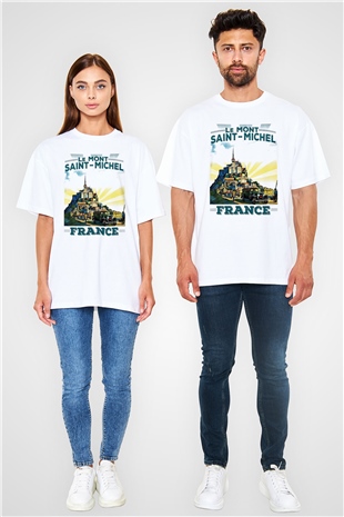 Mont Saint-Michel Beyaz Unisex Oversize Tişört T-Shirt