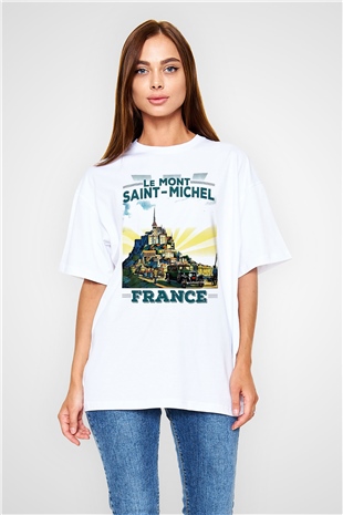 Mont Saint-Michel Beyaz Unisex Oversize Tişört T-Shirt