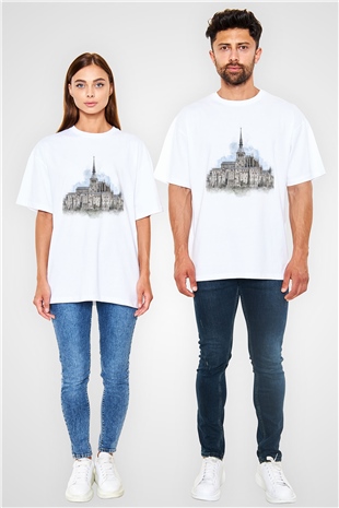 Mont Saint-Michel Beyaz Oversize Tişört Oversize T-shirt - TişörtFabrikası