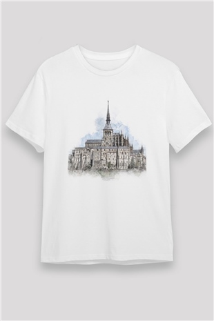 Mont Saint-Michel Beyaz Unisex Tişört T-Shirt - TişörtFabrikası