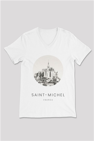 Mont Saint-Michel Beyaz Unisex V Yaka Tişört