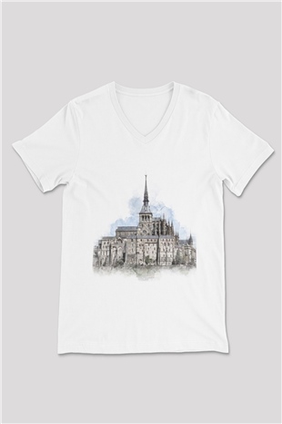 Mont Saint-Michel Beyaz Unisex V Yaka Tişört