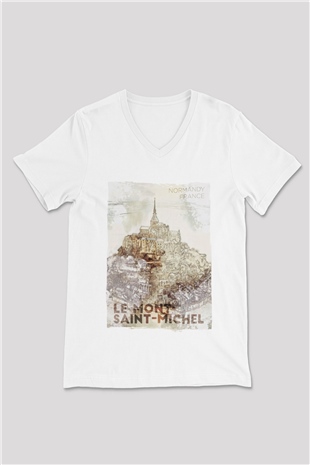 Mont Saint-Michel Beyaz Unisex V Yaka Tişört