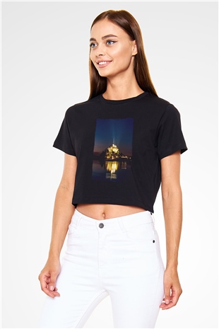 Mont Saint-Michel Siyah  Crop Top Tişört