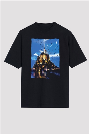 Mont Saint-Michel Siyah Oversize Tişört Oversize T-shirt - TişörtFabrikası