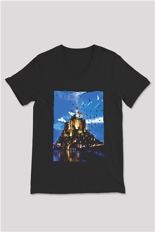 Mont Saint-Michel Siyah Unisex V Yaka Tişört
