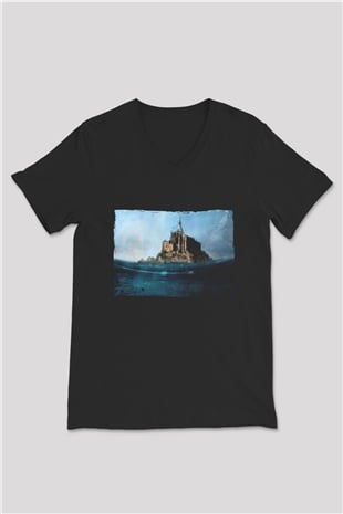 Mont Saint-Michel Siyah Unisex V Yaka Tişört