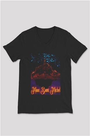 Mont Saint-Michel Siyah Unisex V Yaka Tişört