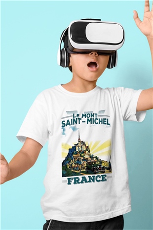 Mont SaintMichel Baskılı Beyaz Unisex Çocuk Tişört