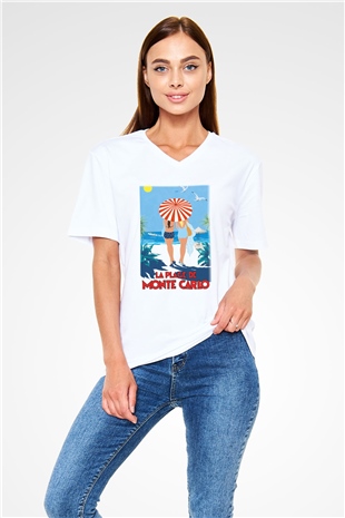 Monte Carlo Beyaz Unisex V Yaka Tişört T-Shirt