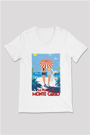 Monte Carlo Beyaz Unisex V Yaka Tişört T-Shirt