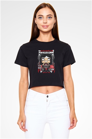 Montley Crue Baskılı Siyah Kadın Crop Top Tişört
