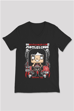 Montley Crue Baskılı Unisex Siyah V Yaka Tişört