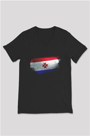 Mordovya - Mordovia Bayrağı Baskılı Unisex Siyah V Yaka Tişört