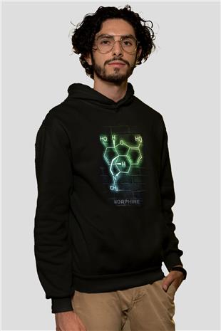 Morfin Molekülü Neon Baskılı Unisex Siyah Kapüşonlu Sweatshirt