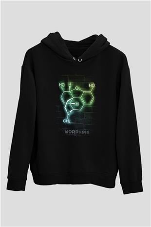 Morfin Molekülü Neon Baskılı Unisex Siyah Kapüşonlu Sweatshirt