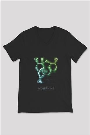 Morfin Molekülü Neon Baskılı Unisex V Yaka Siyah Tİşört - Tshirt