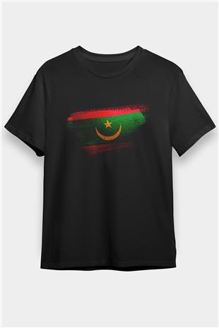 Moritanya - Mauritania Bayrağı Baskılı Unisex Siyah Tişört