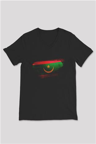 Moritanya - Mauritania Bayrağı Baskılı Unisex Siyah V Yaka Tişört