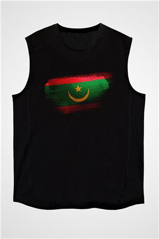 Moritanya - Mauritania Bayrağı Baskılı Unisex Siyah Kolsuz Tişört