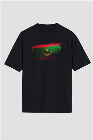 Moritanya - Mauritania Bayrağı Baskılı Unisex Siyah Oversize Tişört