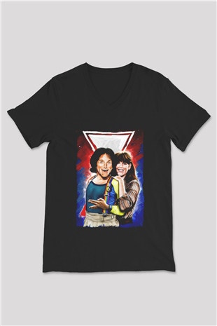 Mork and Mindy Siyah Unisex  V Yaka Tişört