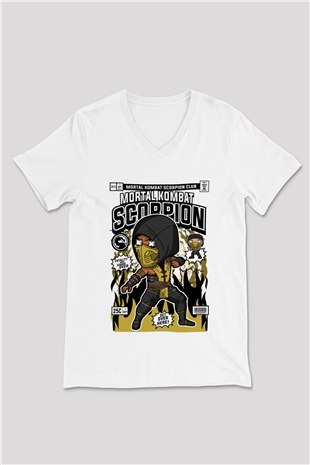 Mortal Kombat Scorpion Baskılı Unisex Beyaz V Yaka Tişört