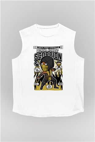 Mortal Kombat Scorpion Baskılı Unisex Beyaz Kolsuz Tişört