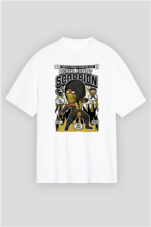 Mortal Kombat Scorpion Baskılı Unisex Beyaz Oversize Tişört