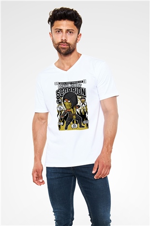 Mortal Kombat Scorpion Baskılı Unisex Beyaz V Yaka Tişört