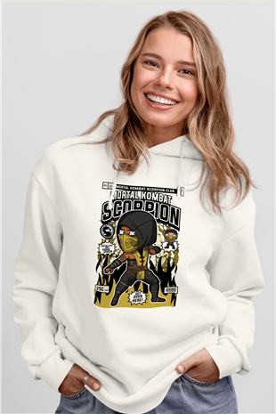 Mortal Kombat Scorpion Baskılı Unisex Beyaz Hoodie