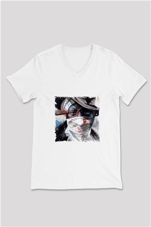 Mos Def Baskılı Beyaz V Yaka Unisex Tişört