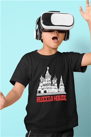 Moskova Kremlini Baskılı Siyah Unisex Çocuk Tişört