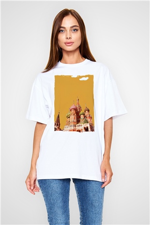 Moskova Kremlini Beyaz Oversize Tişört Oversize T-shirt - TişörtFabrikası