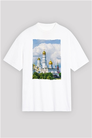 Moskova Kremlini Beyaz Oversize Tişört Oversize T-shirt - TişörtFabrikası