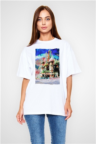 Moskova Kremlini Beyaz Oversize Tişört Oversize T-shirt - TişörtFabrikası