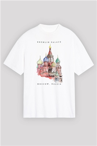 Moskova Kremlini Beyaz Oversize Tişört Oversize T-shirt - TişörtFabrikası