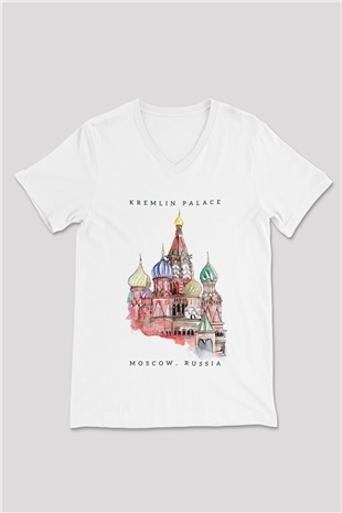 Moskova Kremlini Beyaz Unisex V Yaka Tişört